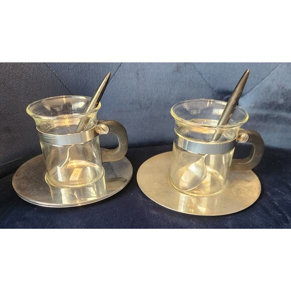 Bodum Glass Espresso Cup Set 6 Cups Steel Saucers and Spoons Portugal Modernist - Picture 7 of 8